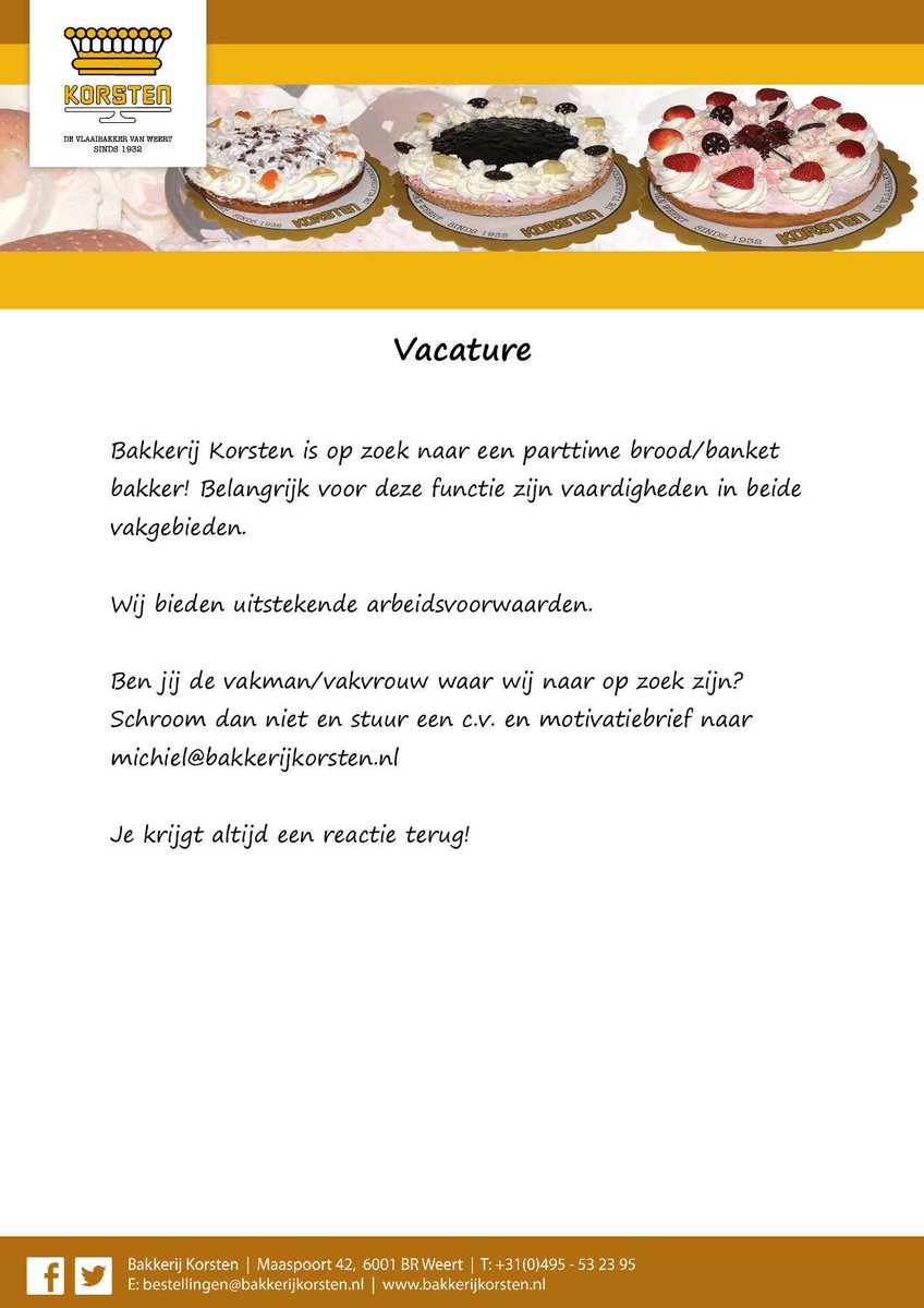 Wij zijn op zoek naar een brood/banket bakker! RT wordt gewaardeerd:) !