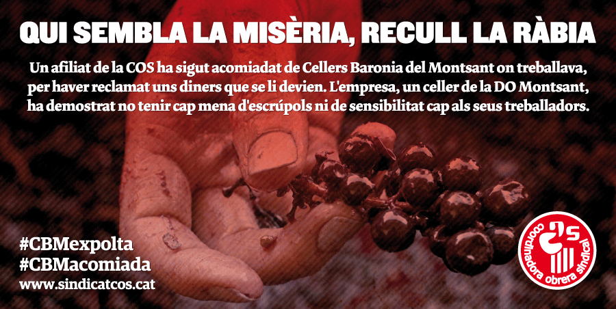 COSnacional's tweet photo. Els @cellersCBM de @domontsant exploten als seus treballadors. Assenyalem als explotadors! #CBMExplota #CBMAcomiada http://t.co/UFxv2MIPEL