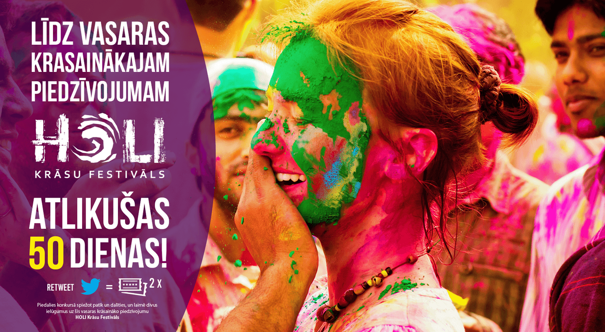 krasufestivals's tweet image. Hey-Hey! Līdz HOLI Krāsu Festivālam atlikušas vēl 50 dienas. Spied "retweet" un laimē divus ielūgumus uz festivālu :)