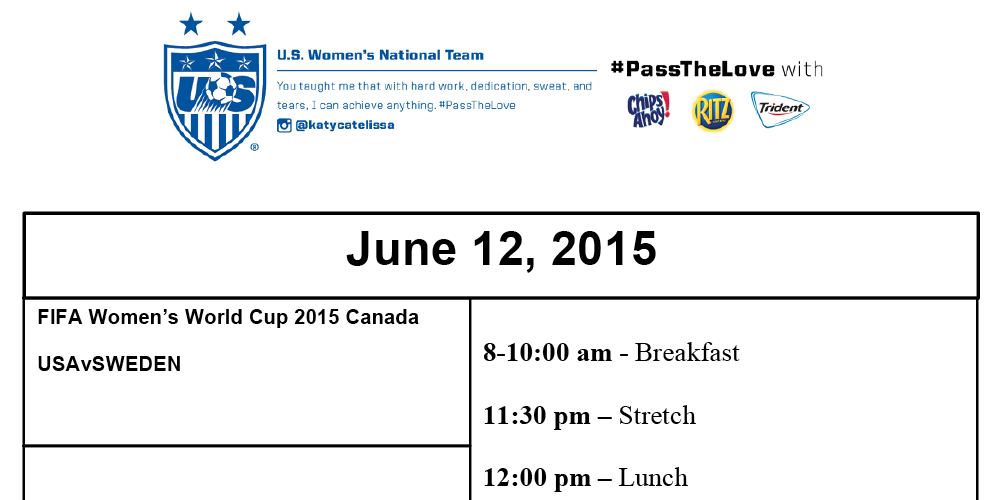 USWNT's tweet photo. The #USWNT woke up to an itinerary with a #PassTheLove message to get their day started! #OfficialSnacks #1N1T http://t.co/7Stpbb5waG