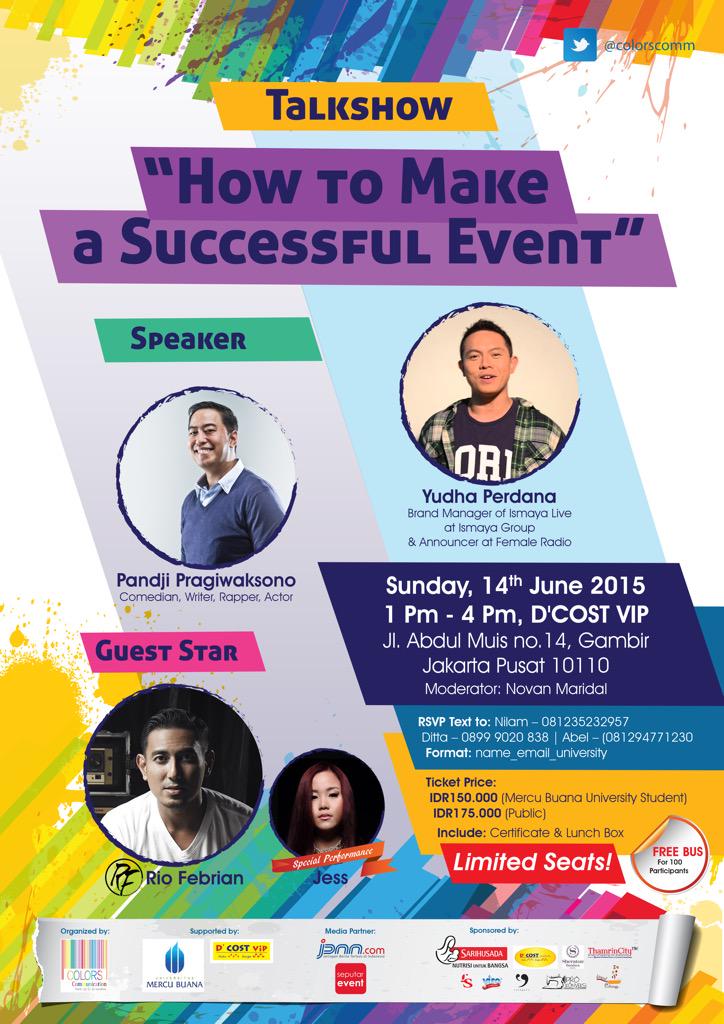 SeputarEvent's tweet photo. Mau buat event yg keren &amp; sukses, HARI INI! talkshow "HowToMakeASuccessEvent" w/ @pandji @yperdana &amp; GS @riofebrian25 http://t.co/ceWIR31MVn