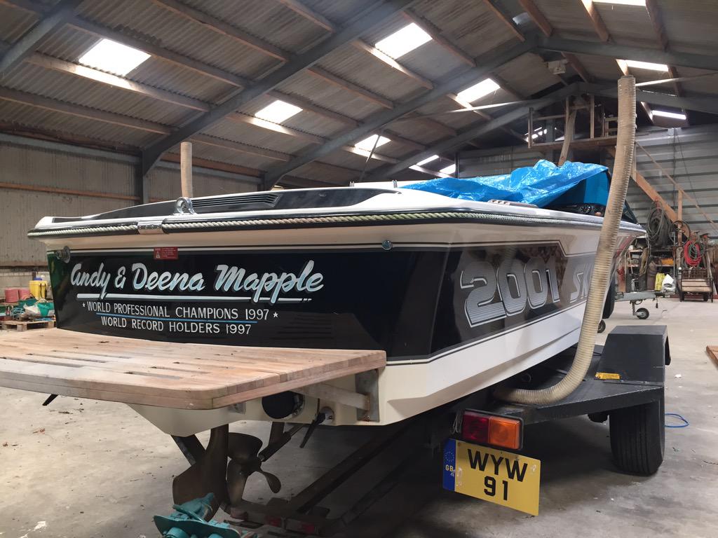 mapplesports's tweet photo. You never know what you find on a trip to England.  Our original 1988 Ski Nautique. @NautiqueBoats @MappleSkis http://t.co/H3OgI3bfta