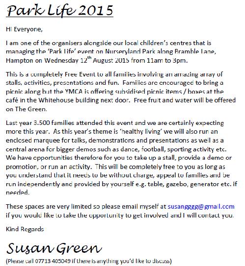 Park Life–Free Family Event. Weds Aug 12th – Do you want a stall?  Call me now on 07713 405049. #Achievingforchildren