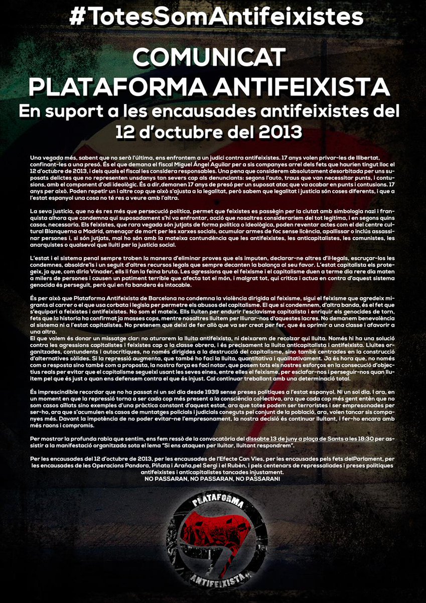 antifabcn's tweet photo. COMUNICAT PLATAFORMA ANTIFEIXISTA EN SUPORT ENCAUSADES ANTIFEIXISTES 12-OCT-2013 http://t.co/XCio4fccI1 http://t.co/PmFCLP1Ef0