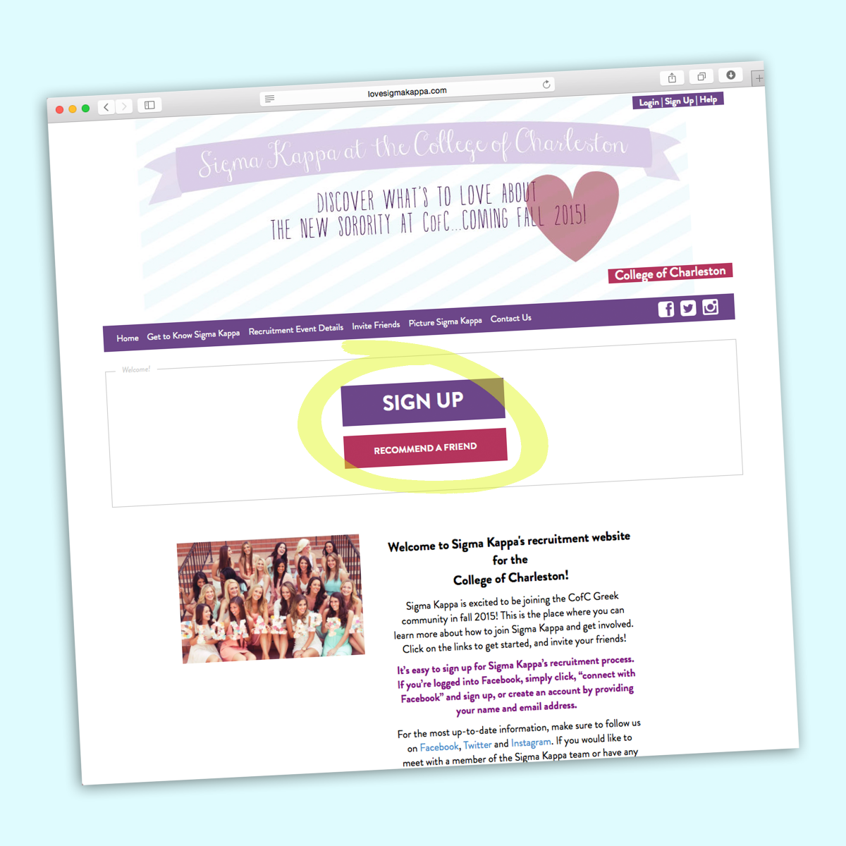 CofCSigmaKappa's tweet photo. Our website is up and you can schedule your Personal Visit! Check out http://t.co/dgfvmda2R2 for more info. #CofCSK http://t.co/D8kUjoVxRh