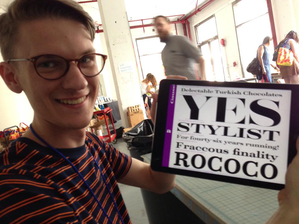 writedesigner's tweet image. Mark, soon to start @CooperType, demonstrates his new font family, Gaussian @TypographicsNYC