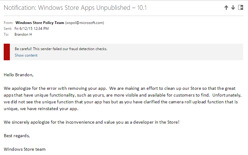 bc3tech's tweet photo. .. i am *extremely* happy to report that the @windowsstore team has reinstated #uploadtoyoutube (or plans to). 5/ http://t.co/1Wdh3uZqG9