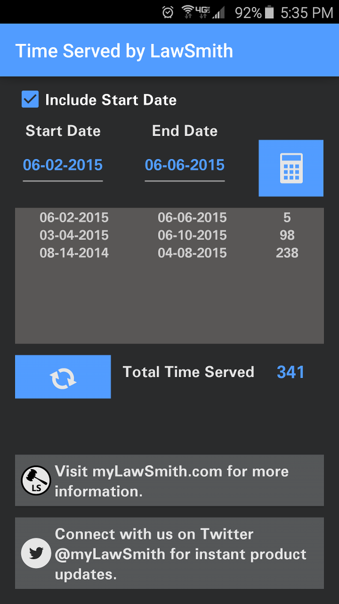 myLawSmith's tweet photo. Our Time Served app now allows you to exclude the date of incarceration. Download it FREE: https://t.co/fbKY9DV8fZ http://t.co/BGASk6LN2Y
