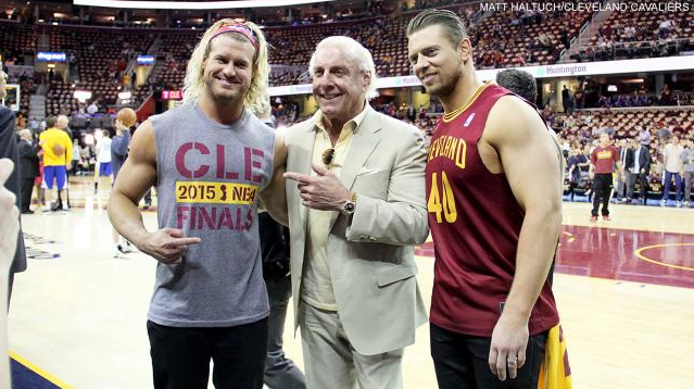 WWE's tweet photo. The #NBAFinals were graced with the presence of @RicFlairNatrBoy @HEELZiggler &amp; @mikethemiz! http://t.co/VPJ9czaZud http://t.co/hcQaUTJO2S