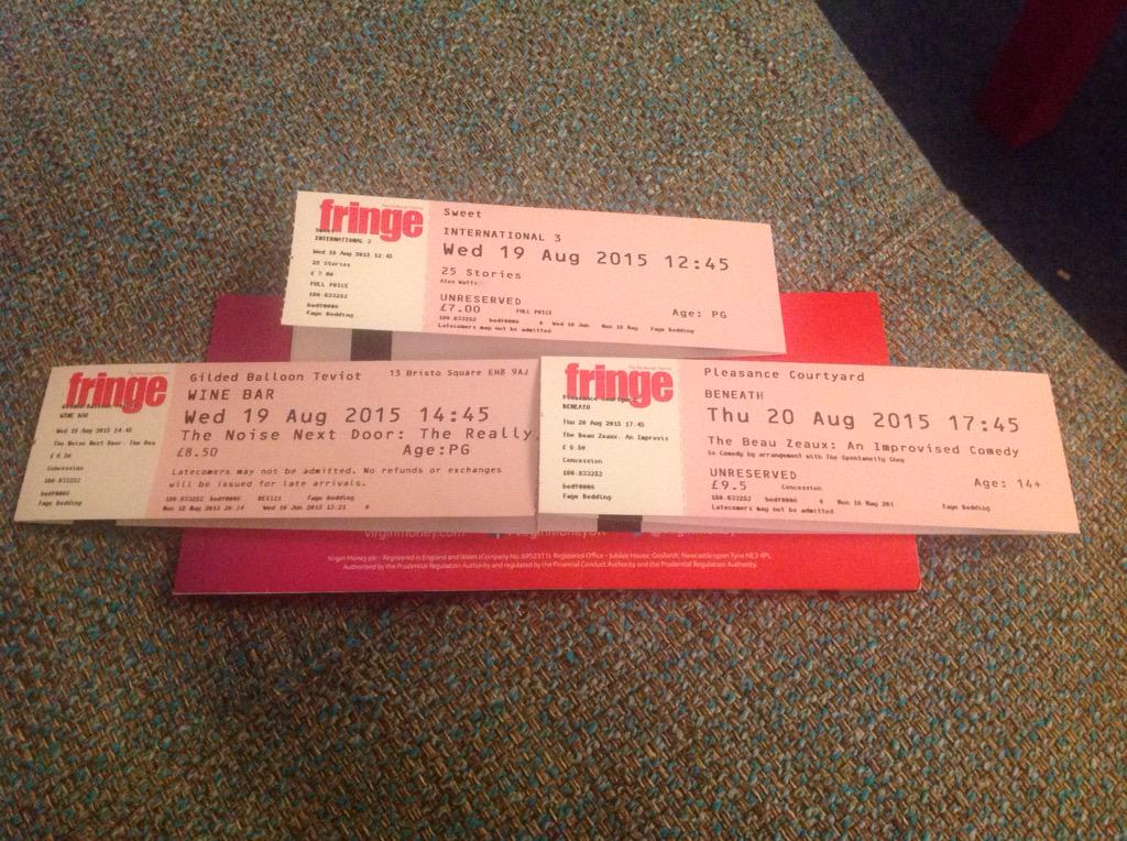 The week gets better. First <a href="/edfringe/">Edinburgh Festival Fringe</a> tickets here!
Top picks:
<a href="/AlexWattsEsq/">The Watts of Delights</a> <a href="/NoiseNextDoor/">The Noise Next Door</a> &amp; <a href="/TheBeauZeaux/">The Beau Zeaux</a> #edfringe