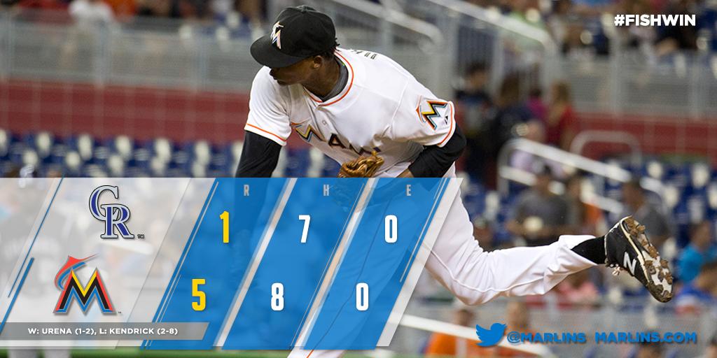 Marlins's tweet image. RECAP: Bats back José Ureña as rookie secures his first career win. atmlb.com/1C41cDq #FISHWIN