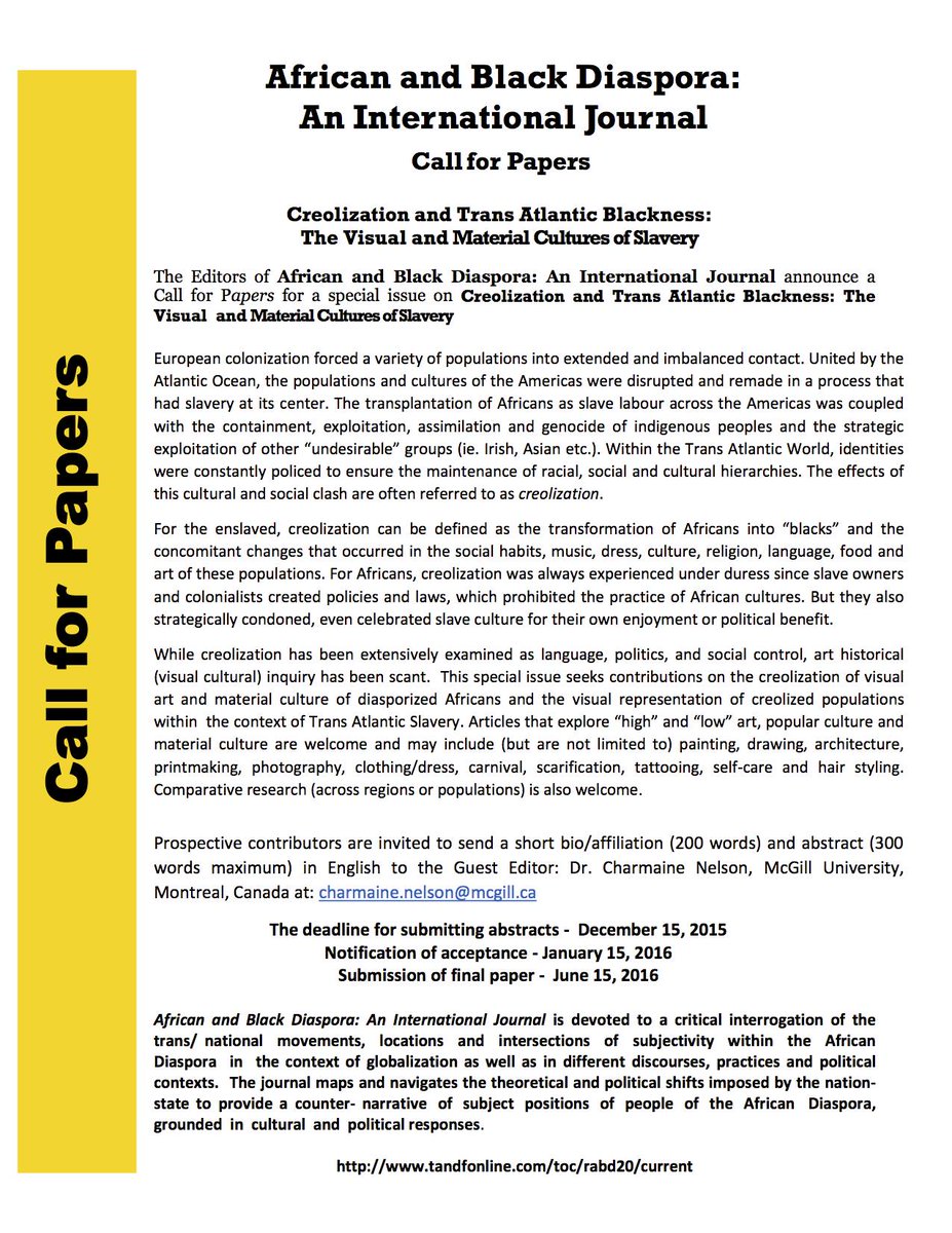 CMRSmixedrace's tweet photo. [Call for Papers] Creolization and Trans Atlantic Blackness:
The Visual and Material Cultures of Slavery http://t.co/cs0AL6yO6y