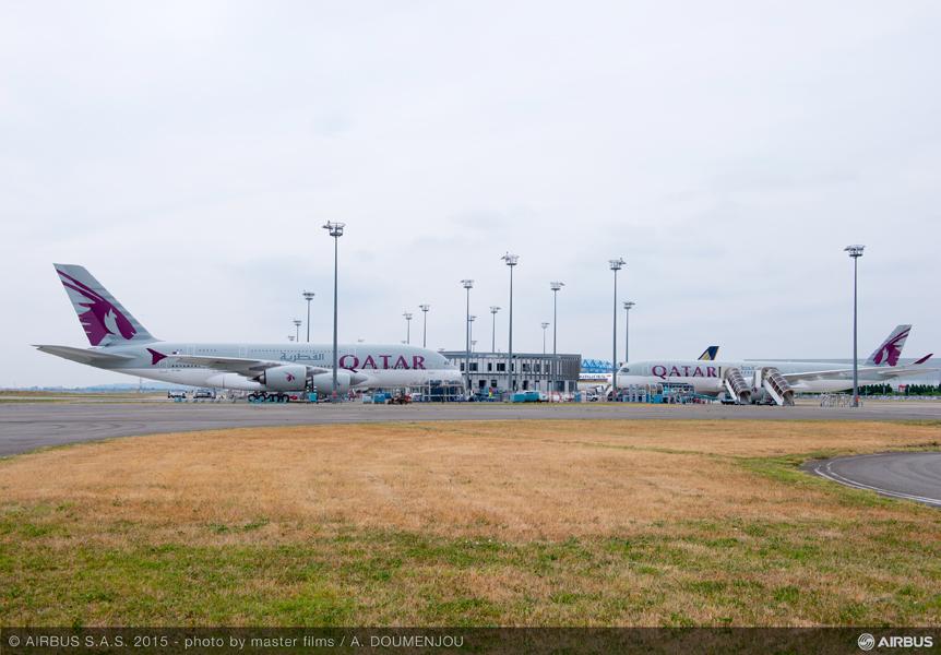 Airbus's tweet image. Double delivery for @QatarAirways this week! 4th #A350 XWB &amp;amp; 5th #A380 will also be on static display at #PAS15.