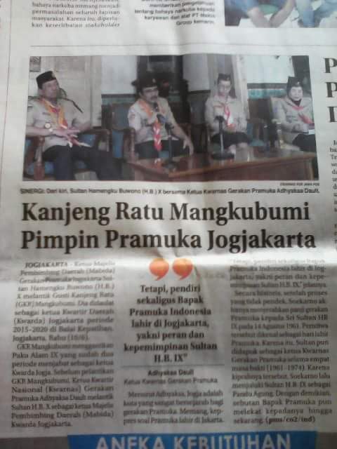 Kanjeng Ratu Mangkubumi Pimpin Pramuka Jogyakarta
(Sumber: Jawa pos, terbit hari sabtu,  13 Juni 2015,  hal.29)