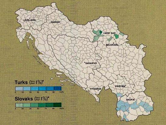 Iloveyugo 先ほどの旧ユーゴ民族分布地図 右下にはユーゴスラヴィア人だけの分布図が これはほんとに初めて見た 地図で地域ごとに示すとこういう風になってたのか 興味深い トルコ人とスロヴァキア人の分布図も一緒に 鈴 Http T Co K1vbzlbhi4