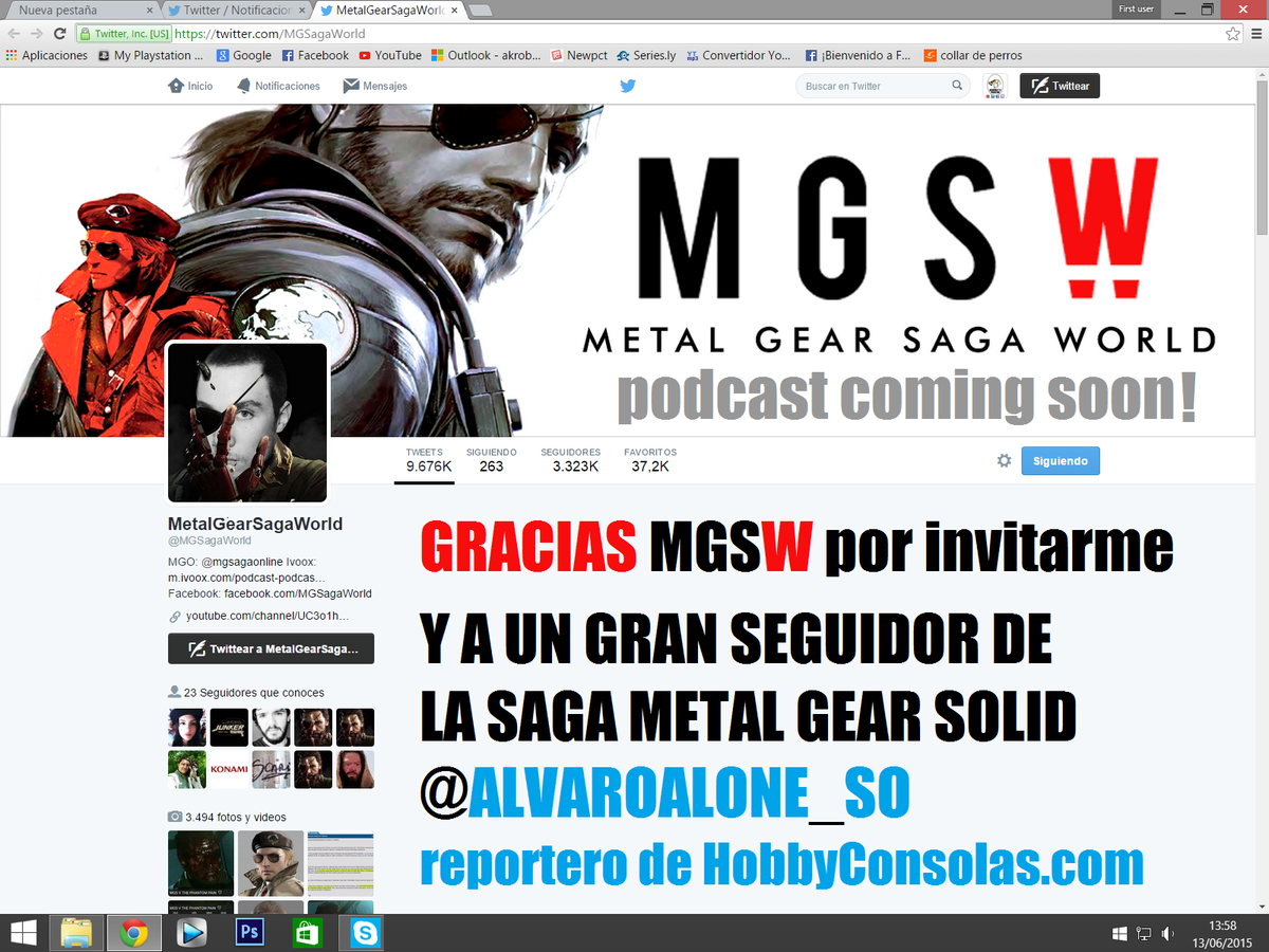 JGoAkrobattle's tweet photo. gracias @alvaroalone_so y a TODOS en @MGSagaWorld!
#ThePodcastIsComin!
un placer y un honor estar con más #MGSFANS http://t.co/Y9fbeafJig