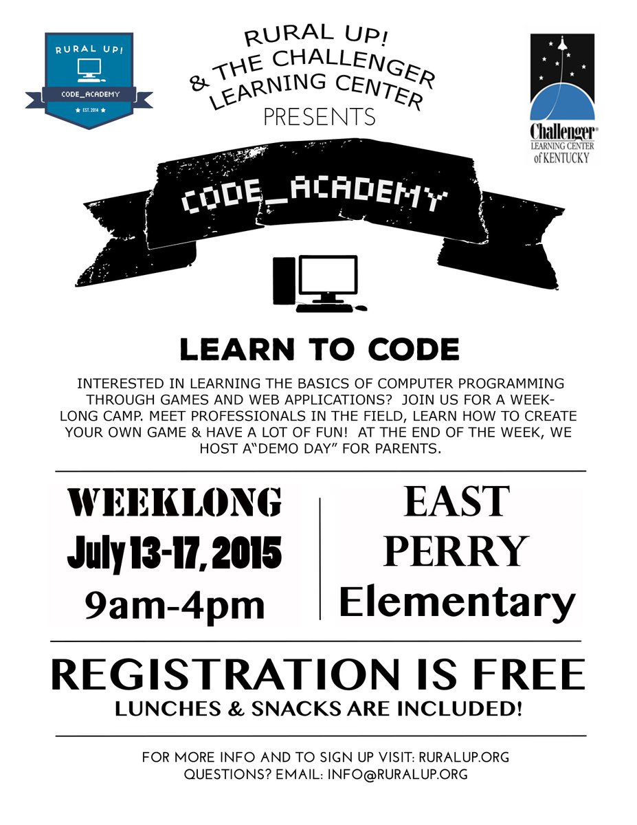 Rural Up presents Code Academy week-long camp in Hazard!  Sign-up TODAY! ruralup.org