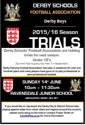 derbyschoolsfa's tweet photo. Please RT - Still time to register for tomorrow's Derby SFA U12's 2015/16 trial.
Please email f-smith@live.co.uk http://t.co/witYBAk2FZ