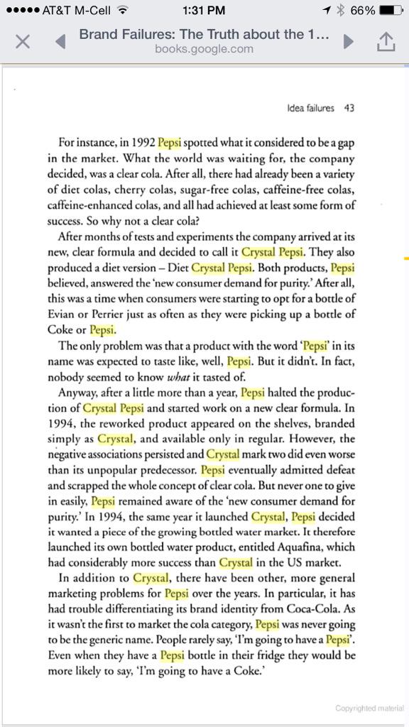 Thatcher's tweet image. From the book "Brand Failures", why #CrystalPepsi should NOT be resurrected, &amp;amp; will fail again if it is.