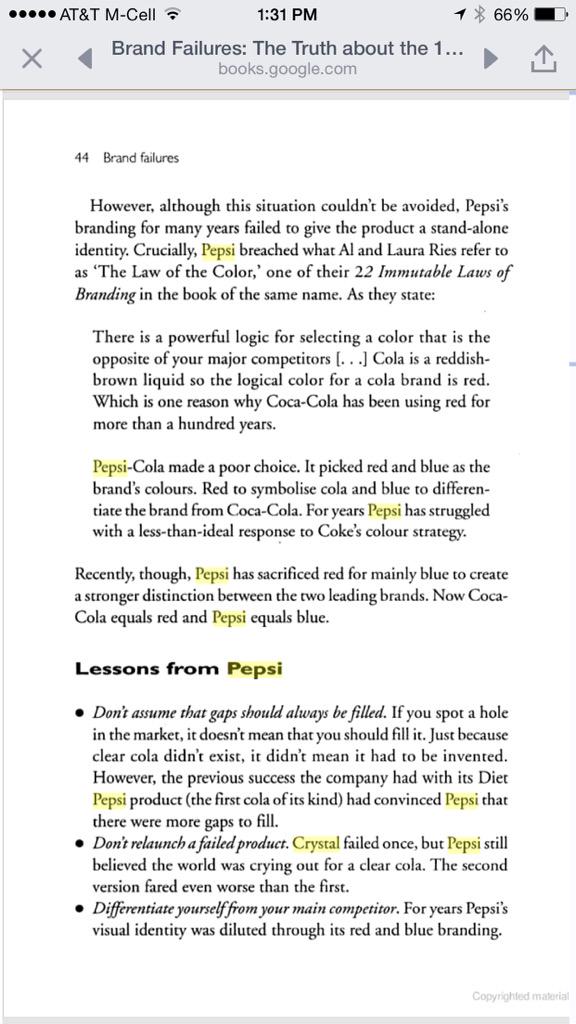 Thatcher's tweet image. From the book "Brand Failures", why #CrystalPepsi should NOT be resurrected, &amp;amp; will fail again if it is.