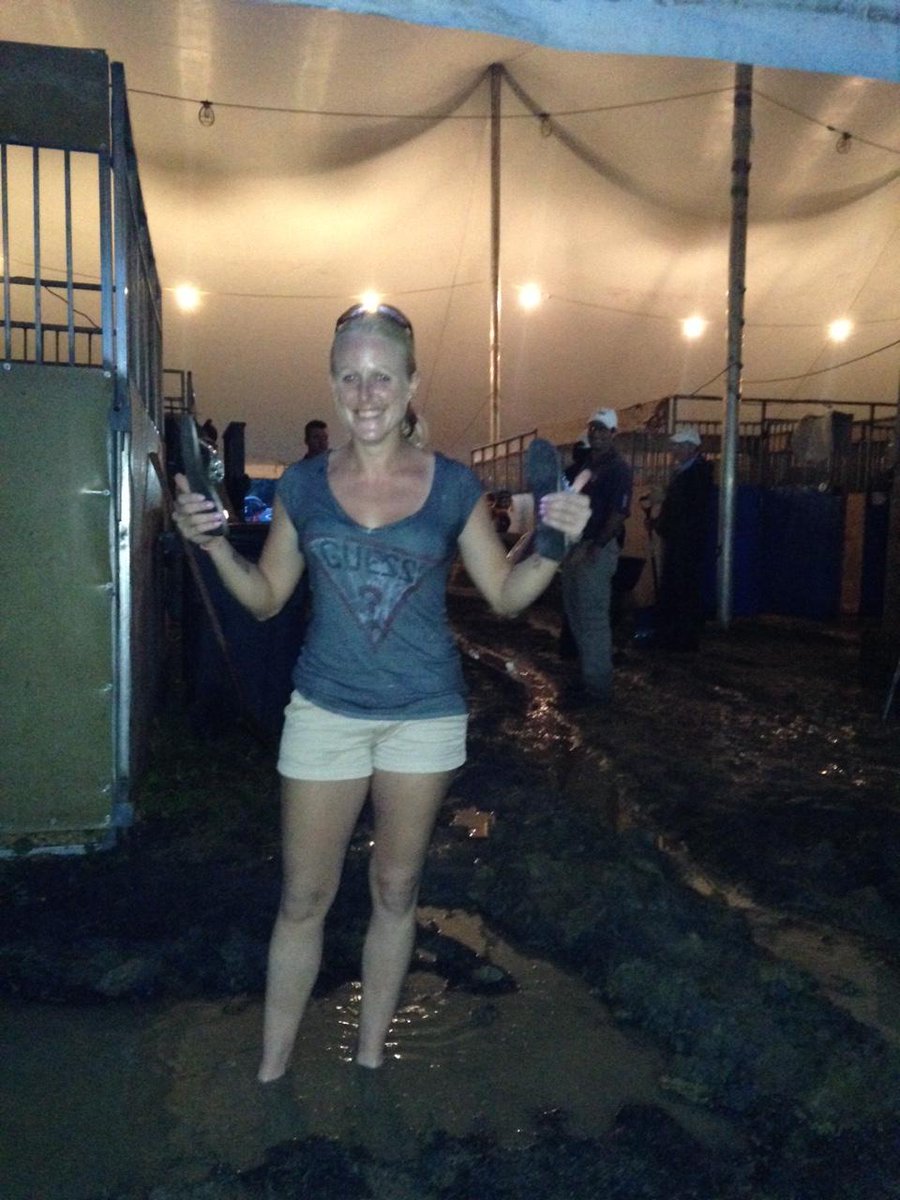 eventingnation's tweet photo. @justinedutton helps to dig trenches in the stabling at @GreatMeadowVA, which flooded during the storms #LandRoverGMI http://t.co/me5BF9xwcb