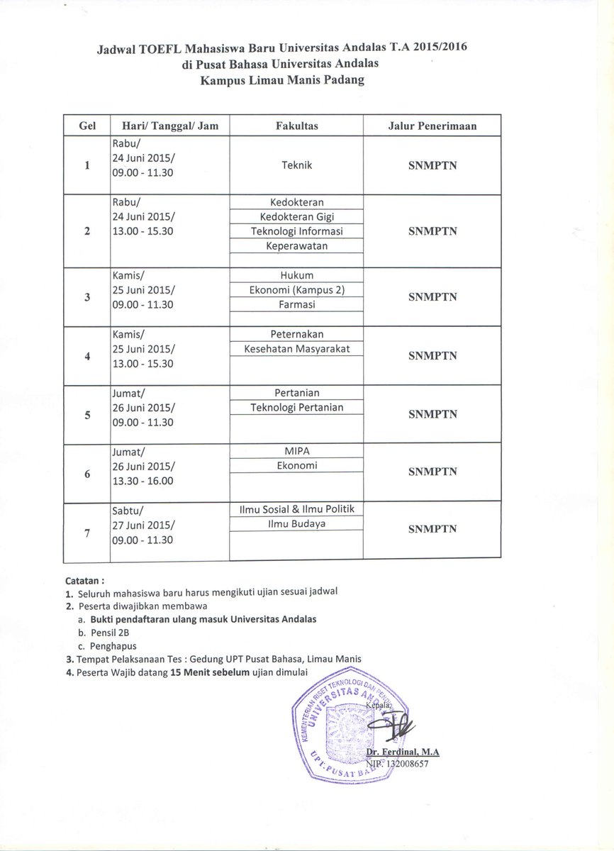 Jadwal TOEFL Mahasiswa Baru Universitas Andalas T.A 2015/2016