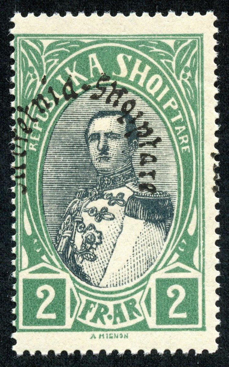 #albanian #postage #stamp 1928 Scott 235 2fr green &amp; slate "King zog"
"#Kingdom of Albania" Black overprint.