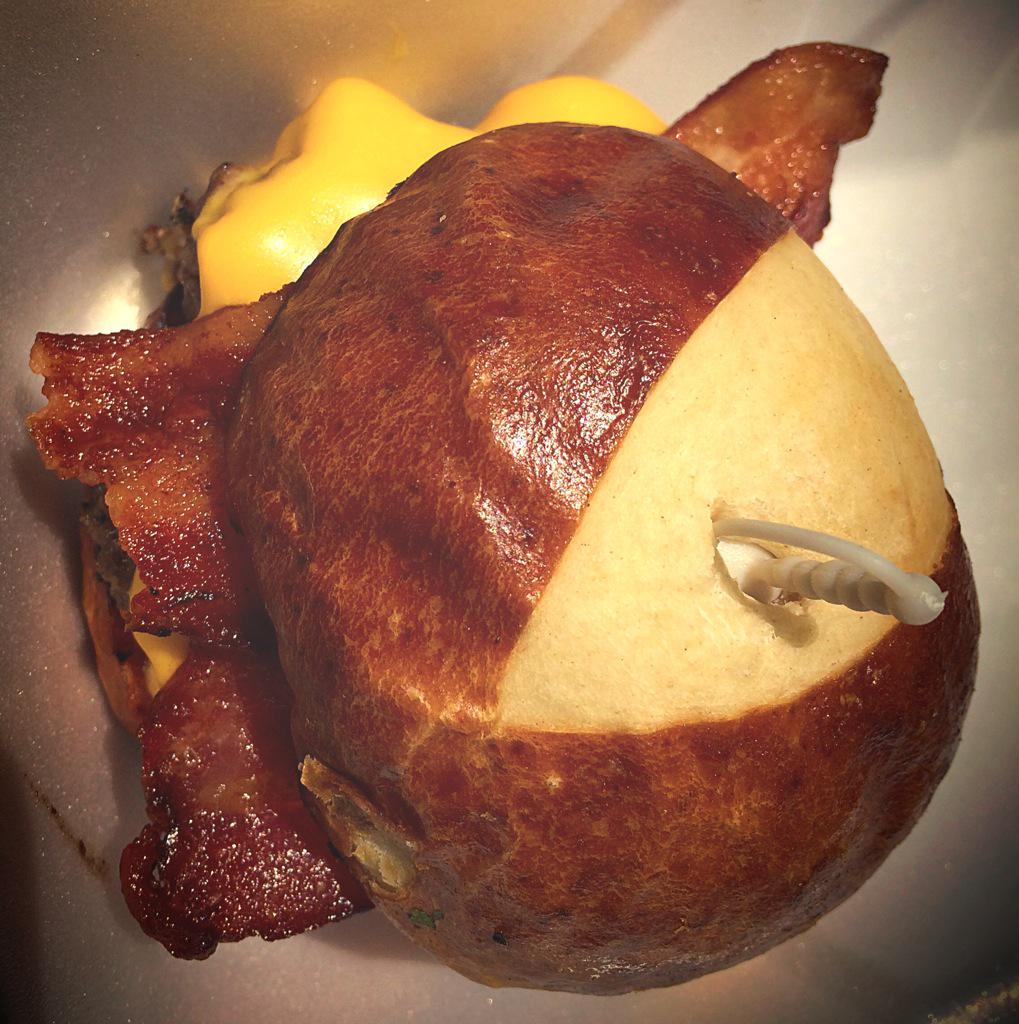 chuckbriant's tweet photo. Bacon Laced Slider on pretzel roll &amp; Bacon Wrapped Hot Dog. Perfect summertime lunch from @twistedtexan1 @FWFoodPark http://t.co/TOxGsCSrxt