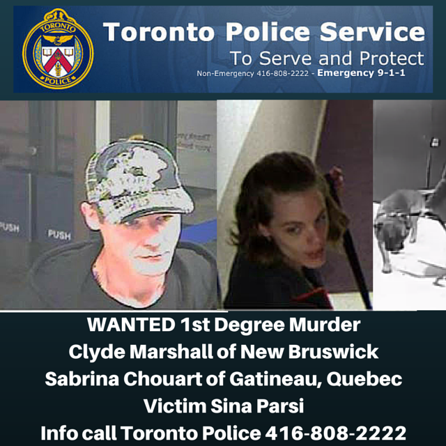 If seen call 911~Clyde Marshall of New Brunswick &amp; Sabrina Chouart of Quebec WANTED 1st degree murder of Sina Parsi