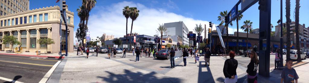 YourAnonNews's tweet photo. Protest blocks traffic in downtown #LongBeach, CA demanding justice for #FerasMorad, murdered by cops  #Justice4Feras http://t.co/9Ap9anYKHv