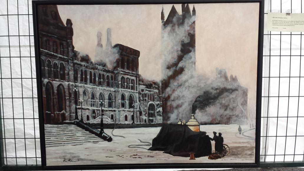 Kis_Lisa's tweet photo. My fave painting by @RossRheaume - aftermath of the fire on #ParliamentHill 1916. U can see it at #ArtInTheAlley http://t.co/GHTI6P67CE