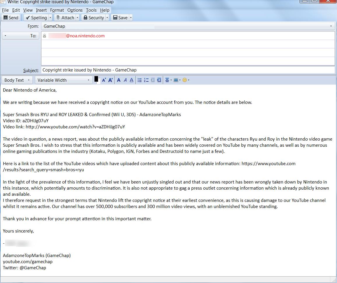 GameChap's tweet photo. .@NintendoAmerica Copy of our letter sent to you regarding your copyright notice against our YouTube news report. http://t.co/zgl2t4XUiB