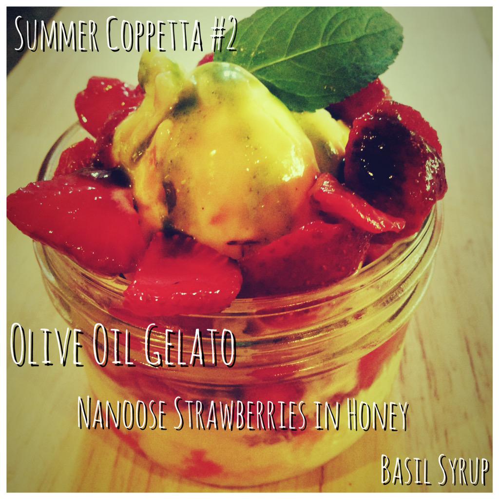 Olive oil gelato, macerated strawberries in honey, basil syrup.  #italiancuisine #lastellananaimo #gelato #coppette