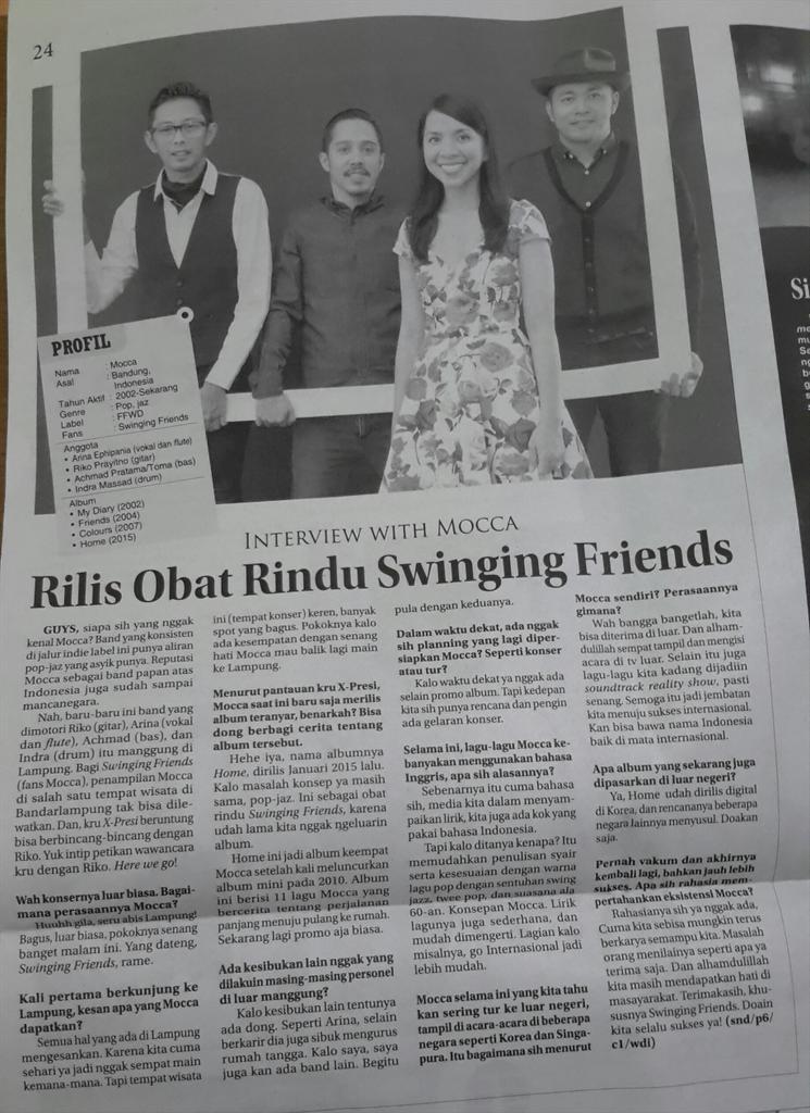 Friends, <a href="/radarlampung/">Radar Lampung</a> minggu hari ini ada "Interview with Mocca" loh, baca yuuk. :D
Cc <a href="/moccaofficial/">MOCCA</a>