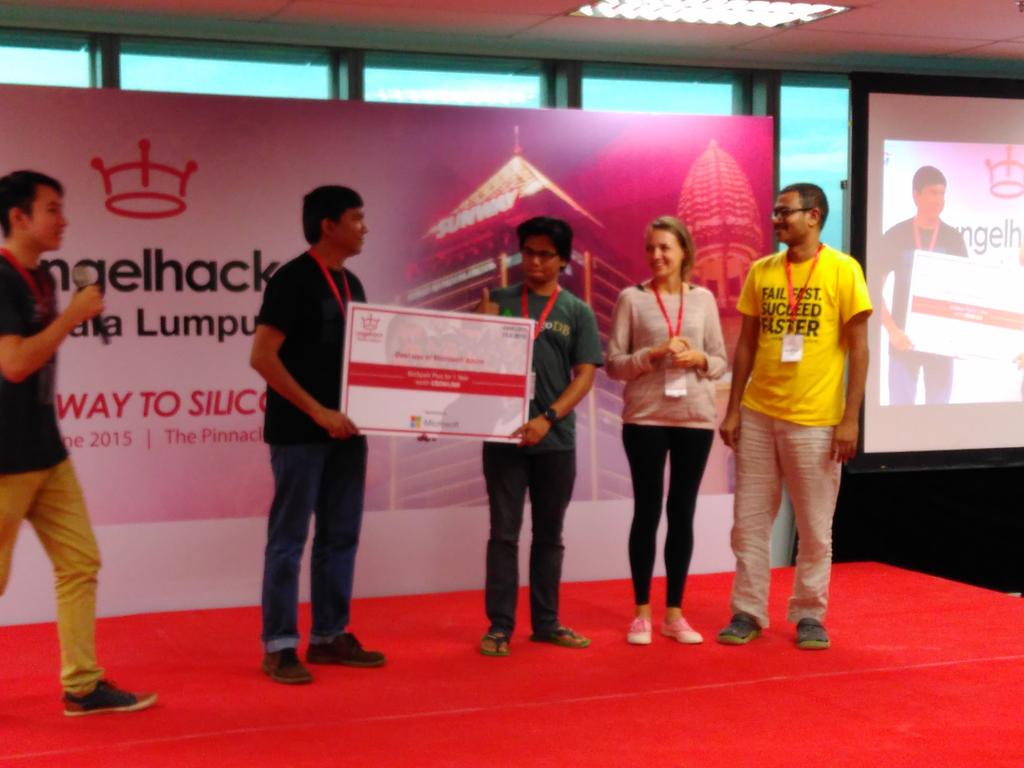 AngelHackKL's tweet photo. GiftX won the Microsoft sponsor award with the best use of Microsoft Azure! Congrats GiftX! #ahkl2015 #ahkl http://t.co/yY21uHBz37