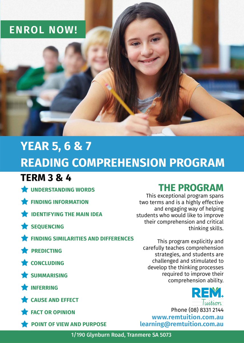 New reading comprehension program for #Adelaide year 5, 6 & 7 students remtuition.com.au/tuition/recept… #ReadingInEnglish