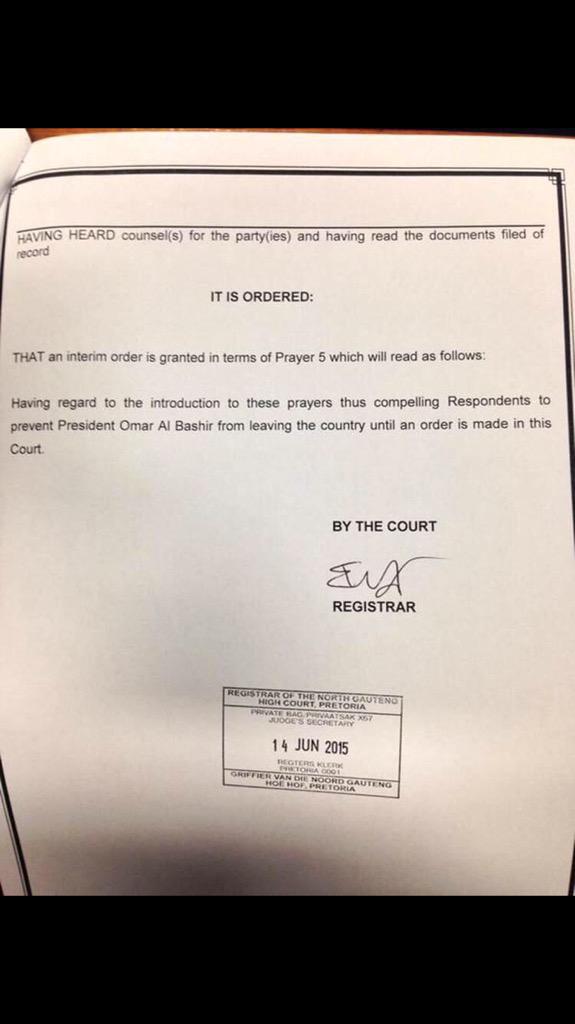 sherwiebp's tweet photo. The interim court order that SA Govt prevent #Sudan's President Omar al #Bashir from leaving South Africa #sabcnews http://t.co/SbMKrK72Ol