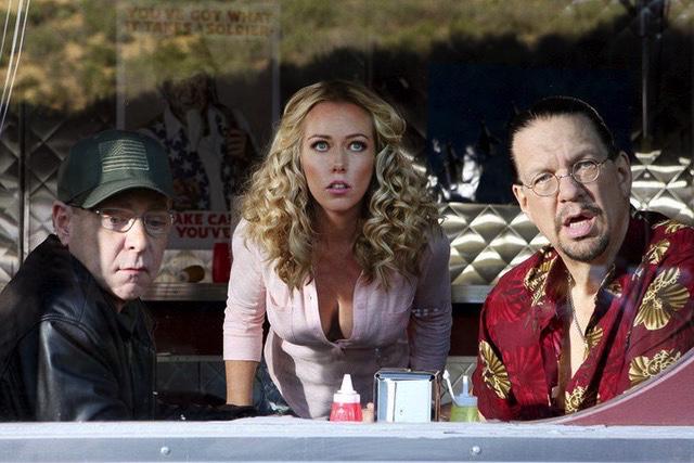 pennjillette's tweet photo. Yes, that’s true, we are in Sharknado 3.  You gotta problem with that?  With @KendraWilkinson http://t.co/CpfwjMdhCT
