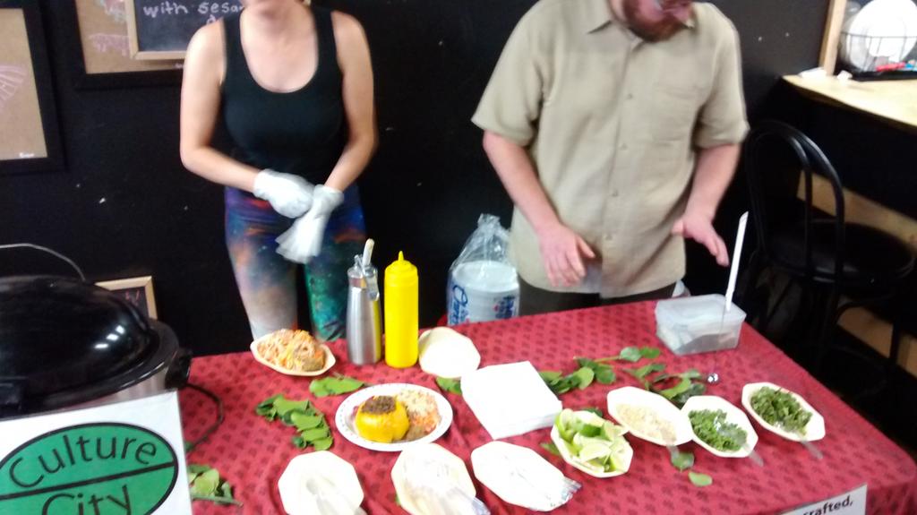 Phew! All ready, hope you're hungry! Green Curry Stuffed peppers and Daikpn salad <a href="/veganpopup/">Vegan Pop Up Market</a>