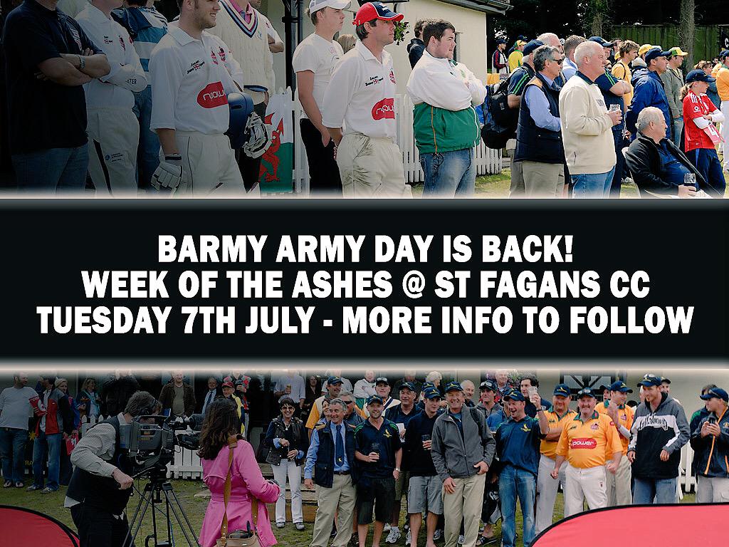 Reminder that the @TheBarmyArmy Day returns to @StFagansCricket on Tuesday 7th July - please RT to spread the word!