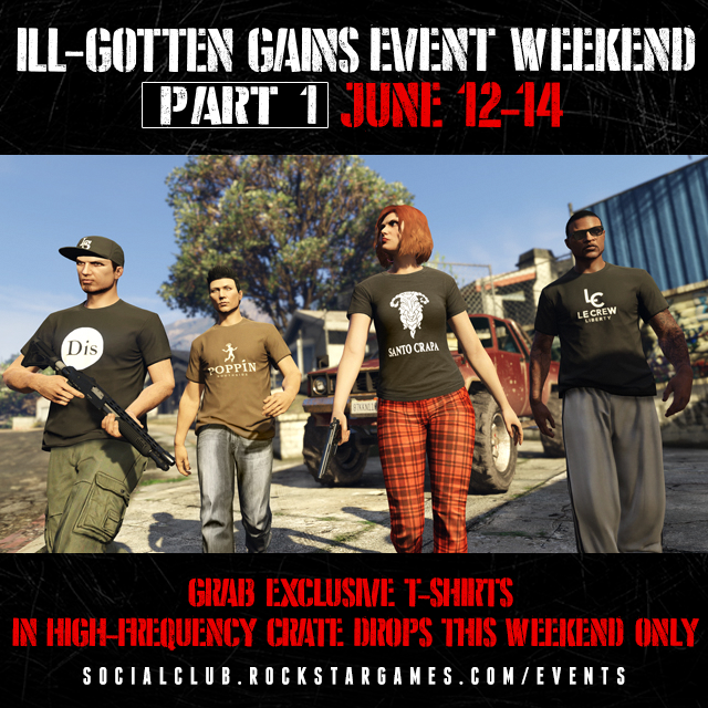 RockstarGames's tweet photo. High frequency Crate Drops in #GTAOnline right now with GTA$10K &amp; exclusive in-game tees! http://t.co/4vkMuvw0uO http://t.co/IfM5zejfGv