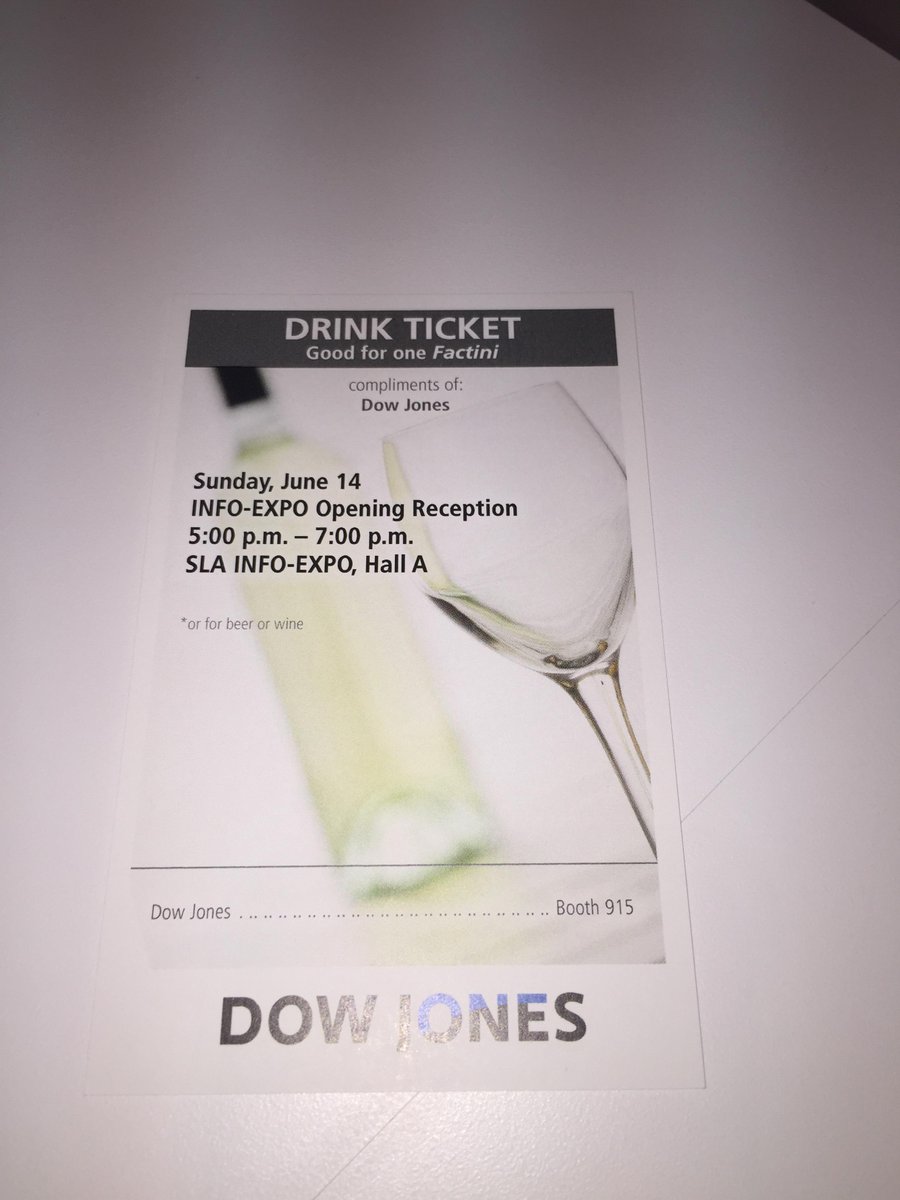 DowJones's tweet photo. The first 50 ppl to stop by booth 915 at 5pm receive a free drink ticket for the #SLA2015 welcome reception #DJsla http://t.co/Rc14Y3GzyF