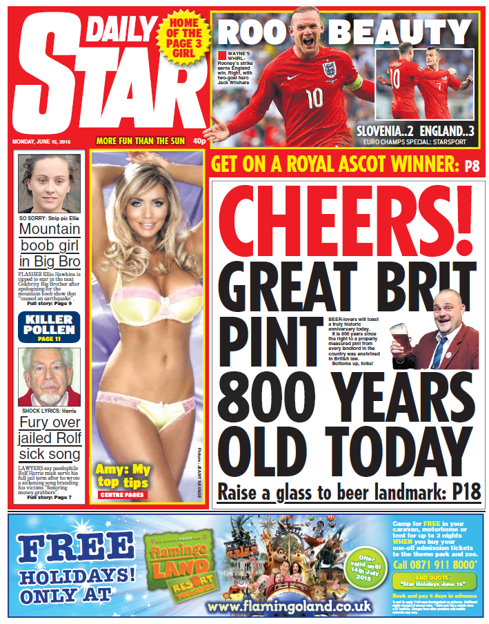 SkyNews's tweet photo. DAILY STAR FRONT PAGE: "Cheers! Great Brit pint 800 years old today" #skypapers http://t.co/GBlFrk7R86