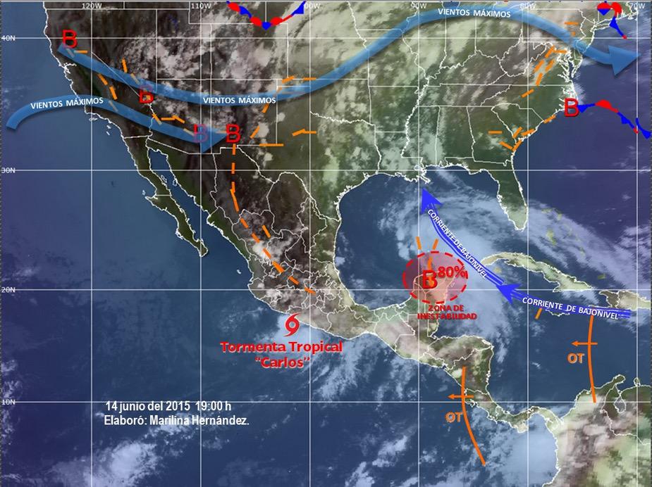 SEMARNAT_mx's tweet photo. A las 22 h #tormentatropical #Carlos se localiza a 150 km O #Acapulco, #Gro y a 175 km SE de Lázaro Cárdenas, #Mich http://t.co/66tqs5Dp02