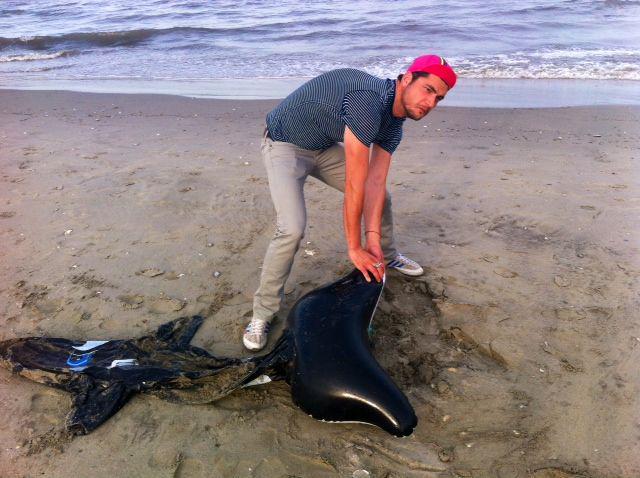 Walking along the Black Sea, I bumped into a stranded whale. This volunteer is helping it back #cleanupyourplastic