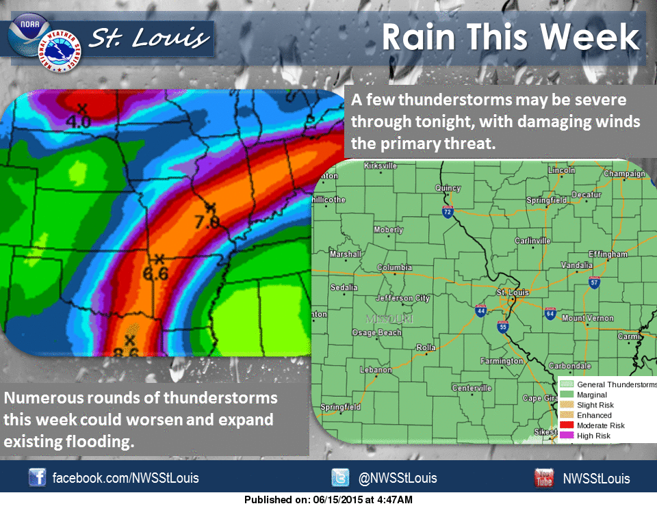 NWSStLouis's tweet photo. More rain today with near seasonable temps. Isolated severe storms and heavy rainfall possible once again. http://t.co/mCZoDIXmh4