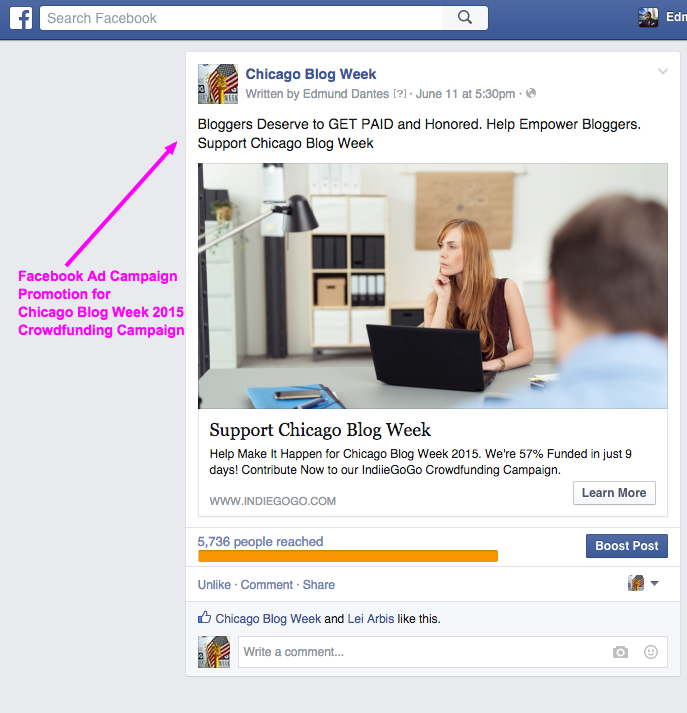 ChicagoBlogWeek's tweet photo. @Facebook #Ad #Promotion for #ChiBlogWeek2015 @Indiegogo #Crowdfunding #Campaign #CrowdfundMonday @MyTech4Women #Blog http://t.co/vX5DV3x1wY