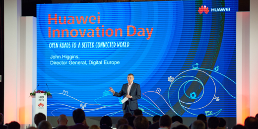 Huawei's tweet photo. John Higgins of Digital Europe said tech co, like Huawei, that are willing to invest in EU should be welcomed #HID http://t.co/9jlFYTinRT
