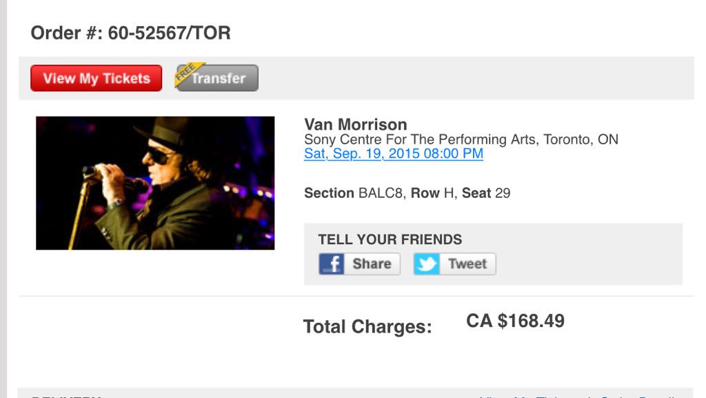 Ticket purchased to see the legend @vanmorrison this September. #VanMorisson #BrownEyedGirl