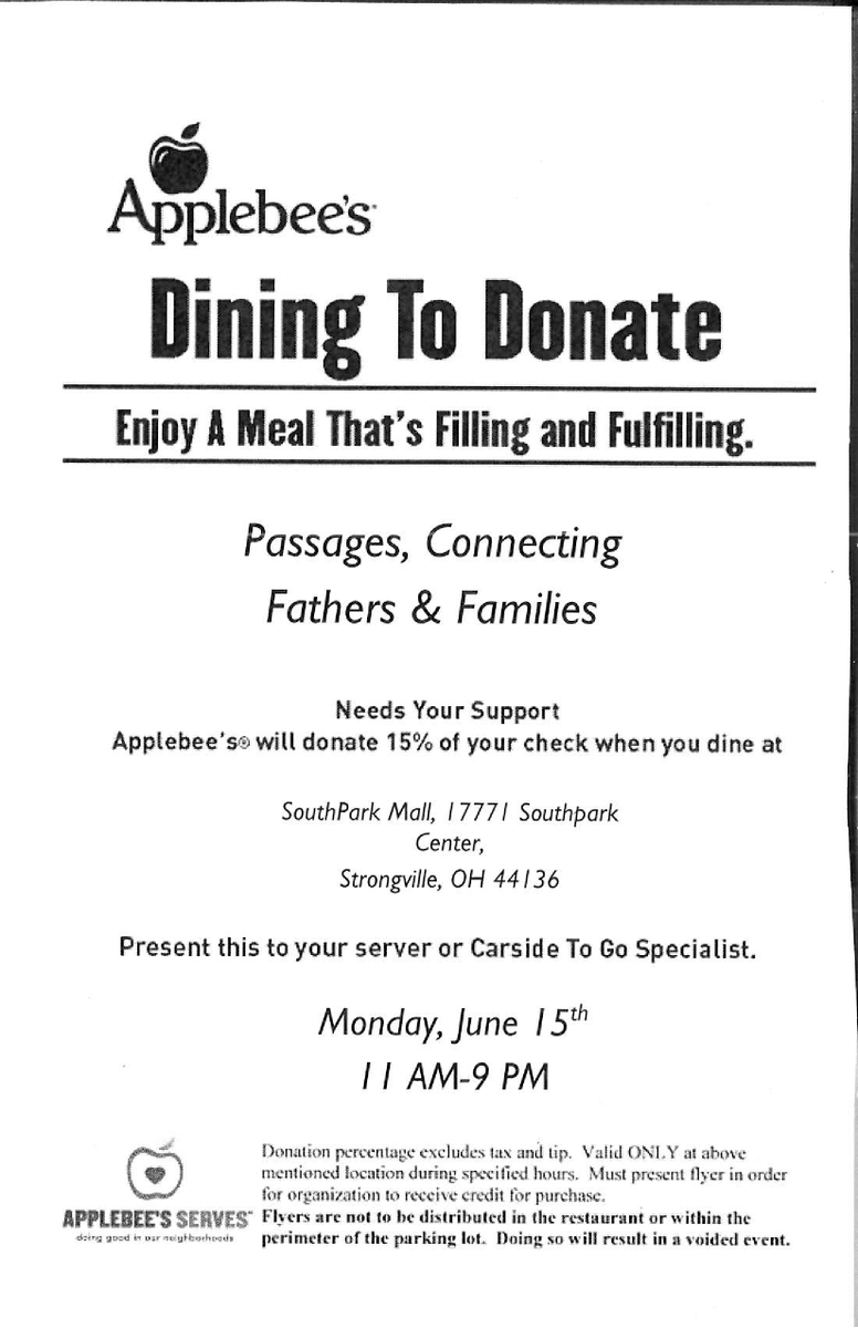 Come to Strongsville, OH <a href="/Applebees/">Applebee's Grill + Bar</a> today 11 AM to 9 PM! Print flyer, give to server &amp; 15% goes to Passages cause!